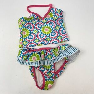 Cabana Beach 2 Piece Swim Set Halter Top Ruffle Bottom Pink Green Blue